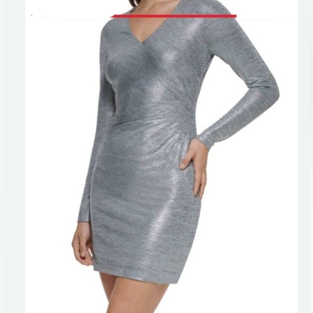 Guess Metallic Silver Long Sleeve Dress Size 10 Evening Bodycon